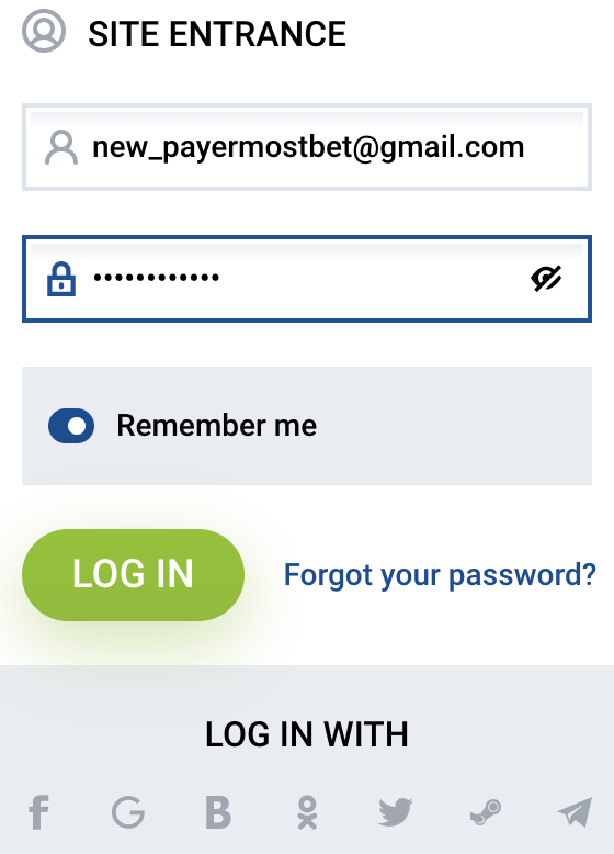 MostBet login form